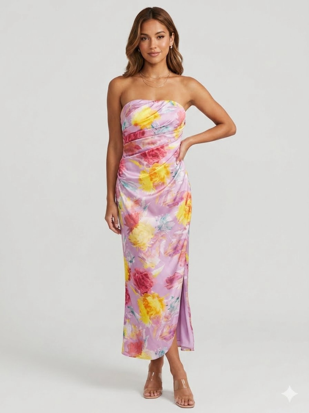 Monique Lhuillier Lavender Strapless Floral Midi Dress with Yellow & Pink Blooms